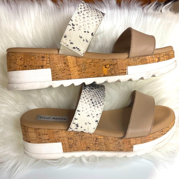 Steve Madden Thalia | Nude & Snakeskin Double Strap Cork Wedge Platform Sandals - Picture 3 of 6